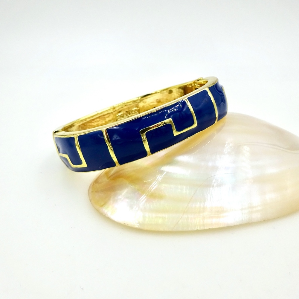 Fornash Gold Blue Enamel Hinged Bangle Bracelet